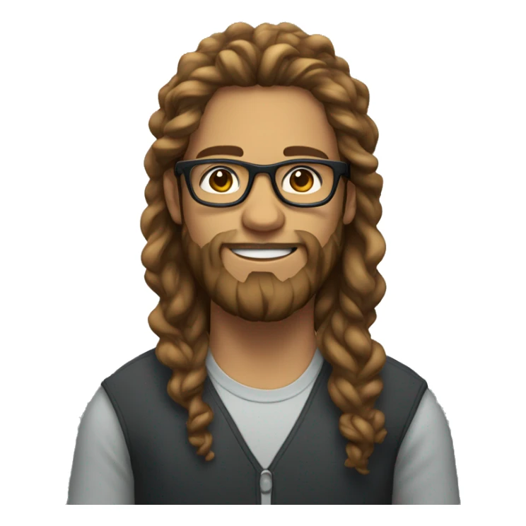 Young man with long curly hair and full beard wearing glasses sticker