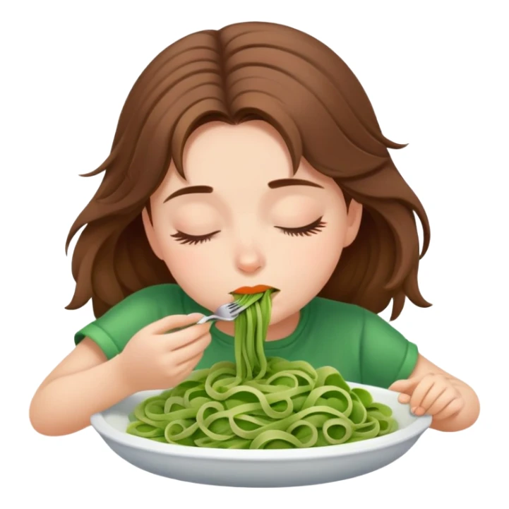 Brown haired girl eating green pasta totally asleep sticker