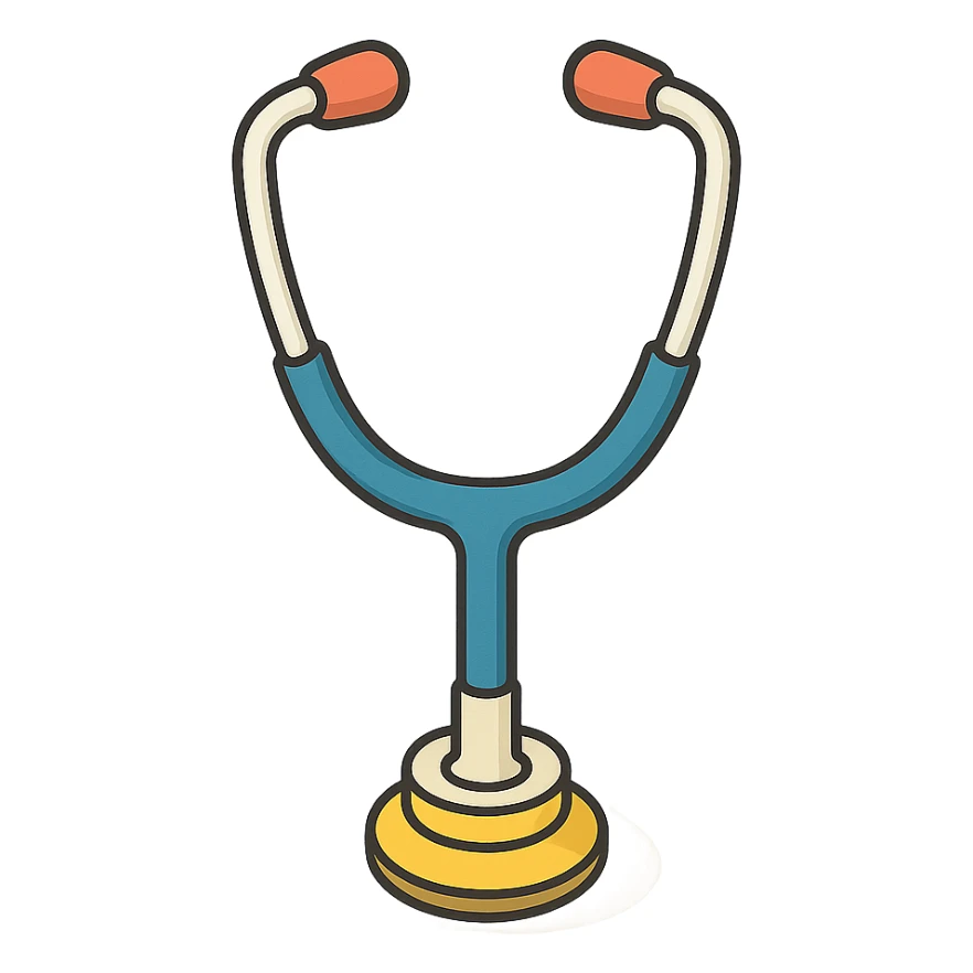 stethoscope front view, looking straight into the frame, 2D isometric style, highly detailed drawing, detailed shadows and highlights, clean contours, soft lighting, transparent background sticker