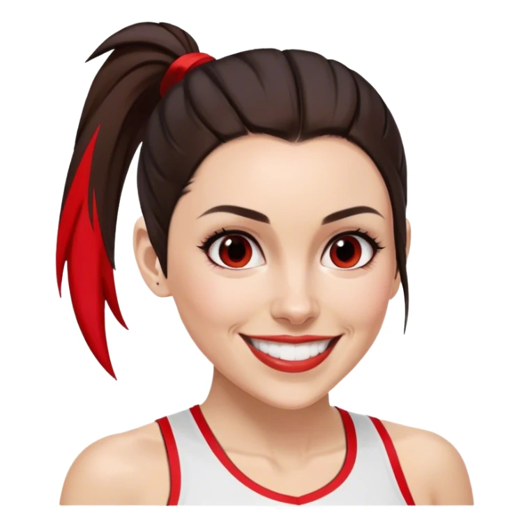 Melanie chisholm with a dark brown high ponytail with a red streak through it, wearing athletic attire and smiling sticker