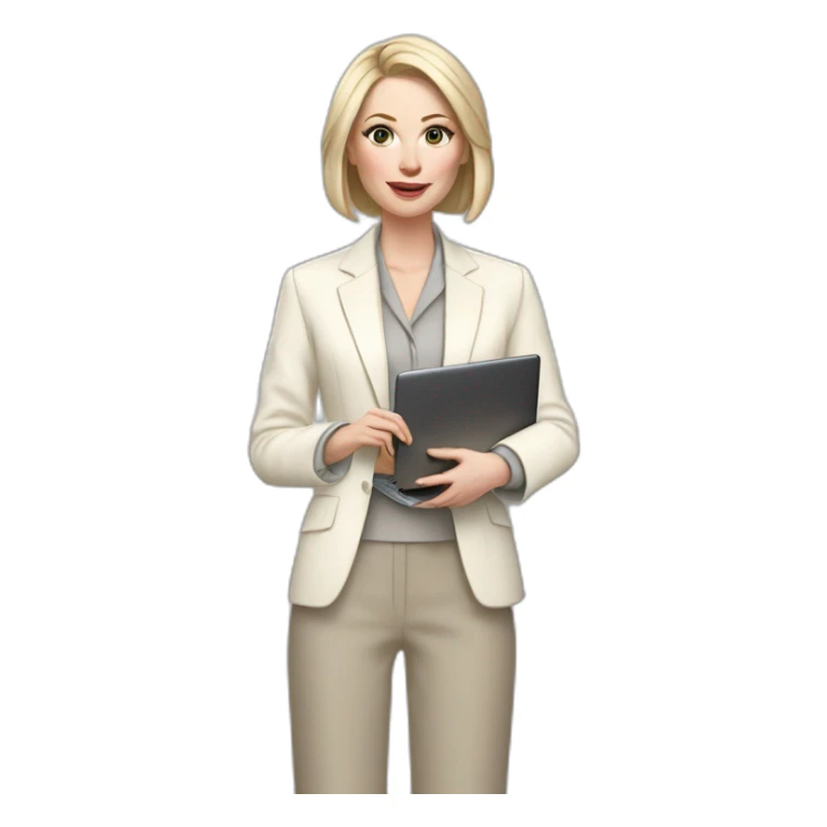 pale skin woman with ash blonde Straightened bob Hair, White Spacious classical jacket, beige palazzo Arrow pants and gray blouse holding a MacBook in the hands sticker