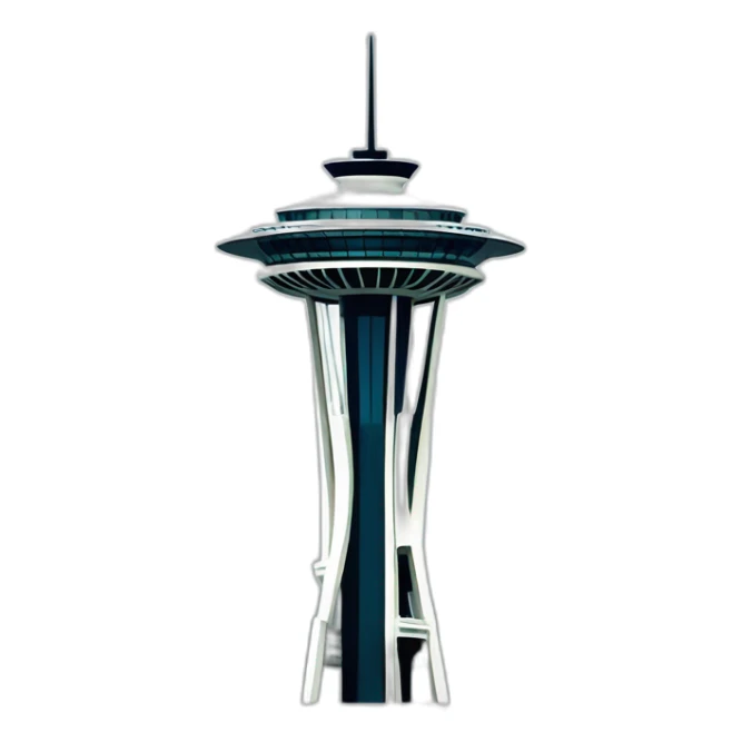 Seattle Space Needle tower 🗼, clean and minimalist design, iconic design. Distinctive spire and futuristic appearance. iOS emoji style. sticker