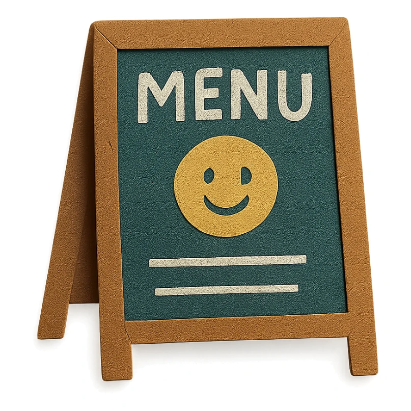 small café chalkboard menu with smiling face doodle, hand-drawn pastel sticker