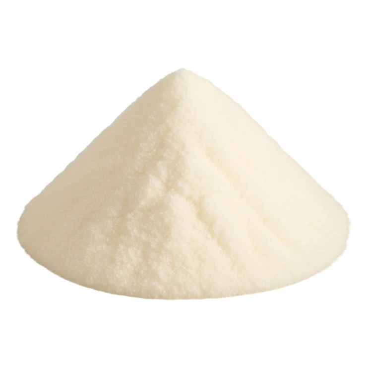 small translucent pile of fine off-white powder with a light fluffy texture, gently mounded or slightly scattered, very fine matte grains resembling starch or gelatin substitute, no spoon bowl or extras, soft lighting, subtle shadows, emoji scale sticker