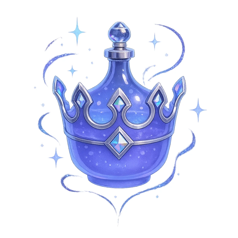 mažas prabangus eliksyro buteliukas, karūnėlės forma, spalva #7986cb, sidabrinės ir holografinės detalės, daug magiškų efektų, labai mažas kaklelis, vientisas dugnas, buteliukas plūduriuoja ore, be pagrindo ar šešėlio, modernus, kolekcijai tinkamas sticker