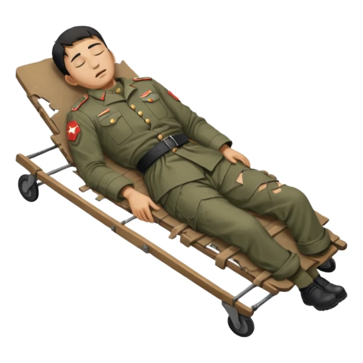 a man of oriental appearance, dressed in torn clothes, full length, with closed eyes, head lying on a stretcher, in a prone position, with injuries on a black military stretcher, 1980 sticker