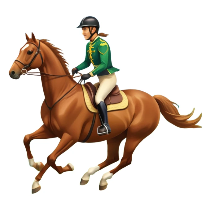 An icon featuring a horse and rider galloping gracefully over a lush green field. The rider is in full gear, guiding the horse with precision. The background shows rolling hills, a clear blue sky, and vibrant sunlight illuminating the scene. Transparent background highlights the elegance sticker