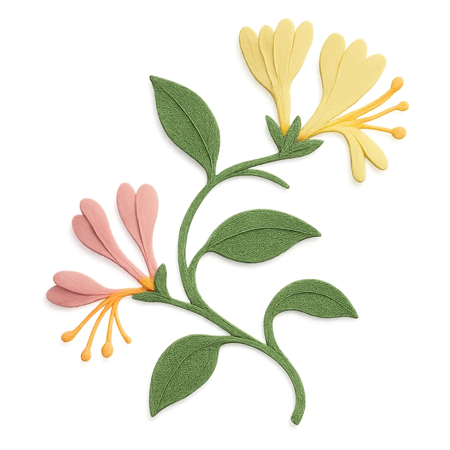 honeysuckle vine, layered paper details, winding green stems, delicate yellow and pink blossoms, naturalistic pose sticker