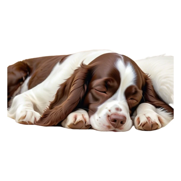 Meme-Worthy Cute Sleeping Springer Spaniel Portrait Emoji, Head resting peacefully with a contented smile, showcasing a delightfully agile build and a luxuriously soft liver and white Fur, eyes shut in a serene nap, Simplified yet hilariously adorable features, highly detailed, glowing with a soft, drowsy light, high shine, relaxed and utterly lovable, stylized with an air of playful laziness, bright and heartwarming, soft glowing outline, capturing the essence of a comically sleepy companion, so meme-worthy it feels like it could instantly become the next viral sensation of adorable slumber! sticker