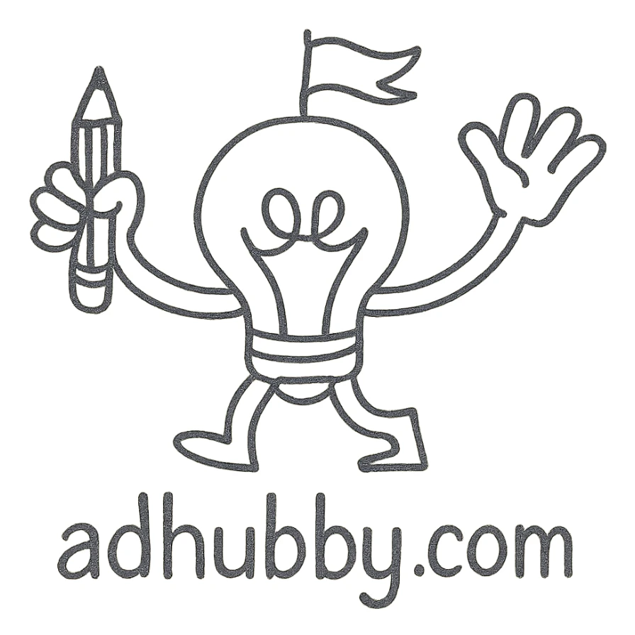 mascot logo for adhubby.com, multi-agent creative team, hand-drawn style, quirky character symbolizing teamwork and creativity, designed for small business appeal sticker