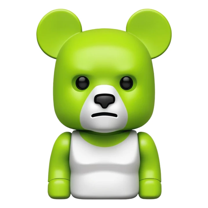 geometric bearbrick figurine with block-shaped head, lime green mask covering face except for prominent expressive eyebrows, iconic bear toy sticker