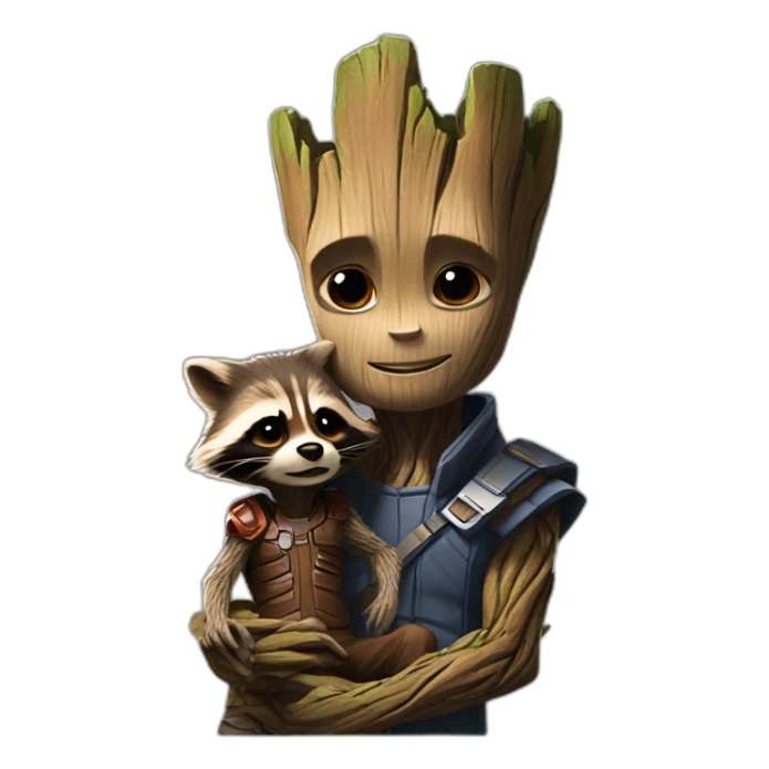 "Groot is sitting on the shoulder of Rocket Raccoon." sticker
