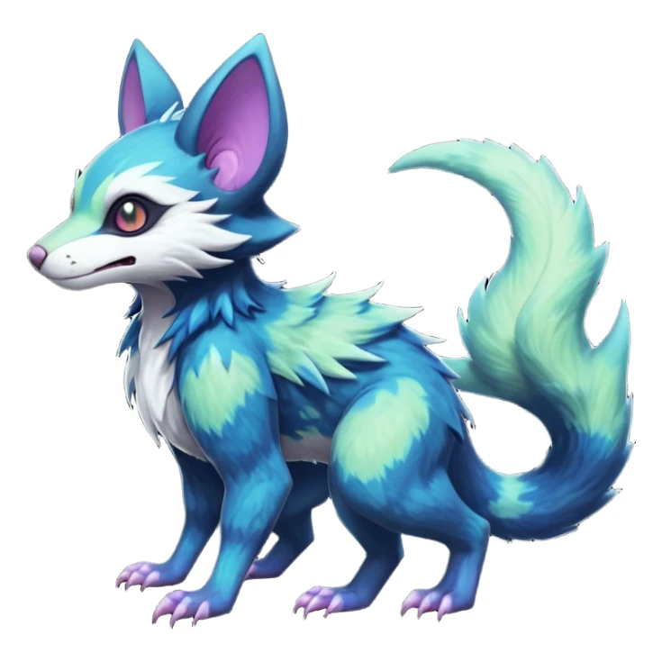 Realistic Sharp mossy elemental detailed Colorful translucent luminescent glowing Trico-Noibat-batty-Sergal-Furret-Ferret-Wolverine-Vernid-furry-fursona-fusion-Fakemon-animal-hybrid-creature, full body sticker