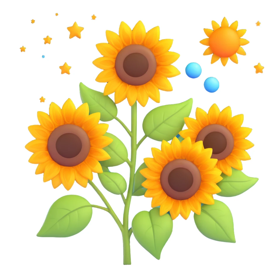 two sunflowers with green leaves, orange and yellow color palette, stylized sky with constellations and sun, in 3D iOS emoji style, matching the reference image's composition and colors sticker