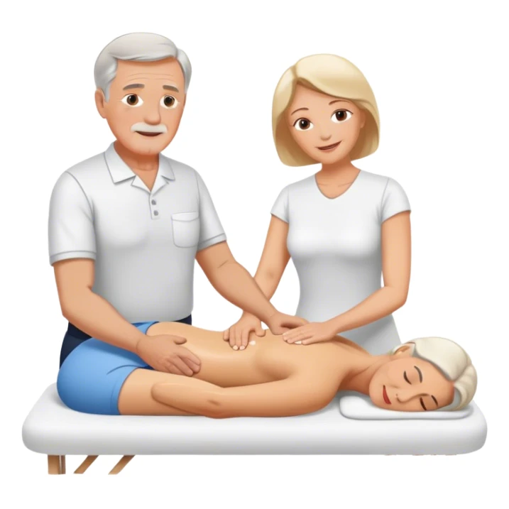 Older white man giving older white Woman a massage sticker