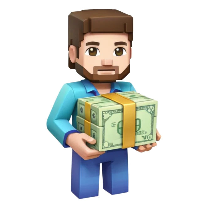emoji style icon, minecraft blocky character holding a stack of money, pixel art style, bright colors, simple background, 3D glossy emoji, centered composition, soft shadow, high detail, clean outline, white background sticker