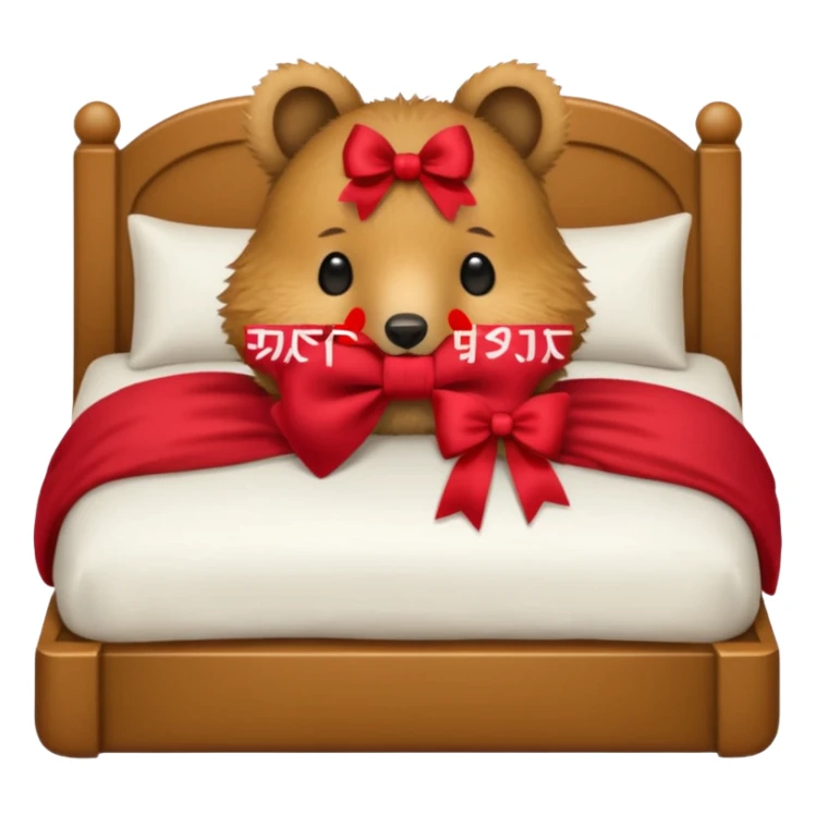 Quokka in a bed with a bow sticker