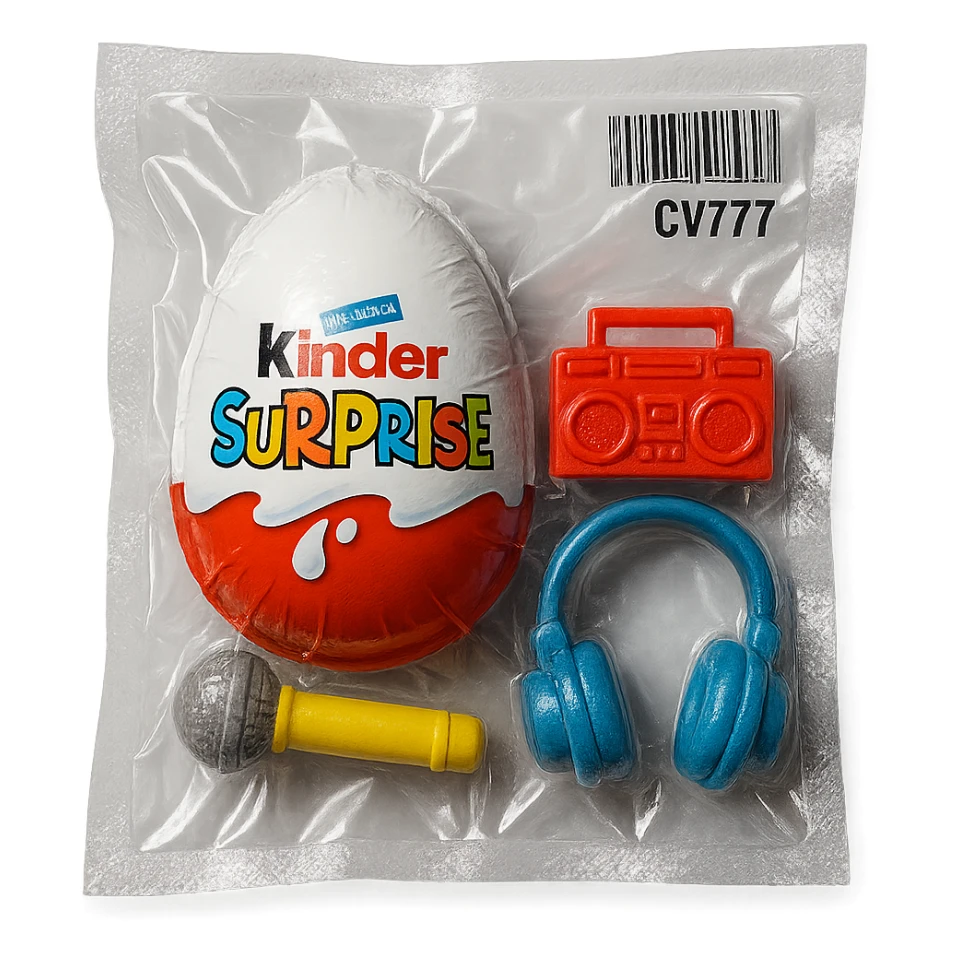 Kinder Surprise egg with standard wrapper next to toys: microphone, boombox, headphones, glossy vacuum-sealed style sticker