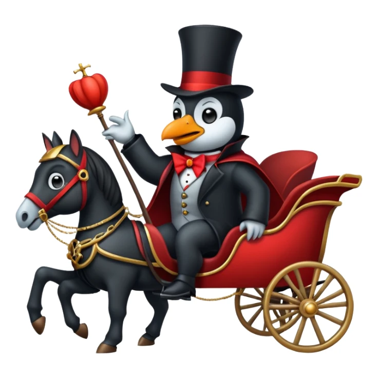 A penguin dressed as dracula riding a 3 horse carriage sticker
