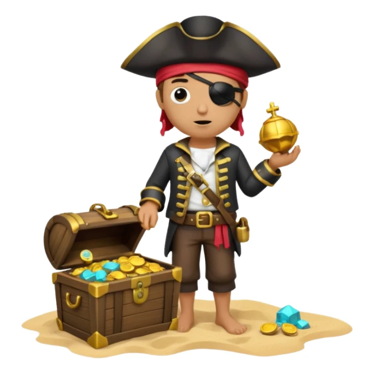 A 3D cartoon pirate with one eye covered by a black eye patch, holding a treasure chest of gold, wearing a hat, standing on sand, Memoji-style. sticker