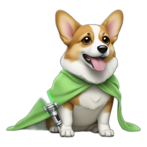 Corgi dress as yoda with one light saber green sticker