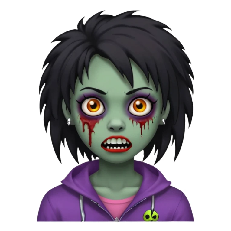 girl, zombie, black coily hair, medium long, emo, shaggy, dark, spooky, piercing on eyebrow, colourful teeth, creepy blank expression sticker
