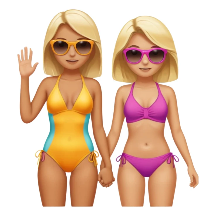 Two blonde girls wearing bathing suits and sunglasses, holding hands, tanning sticker