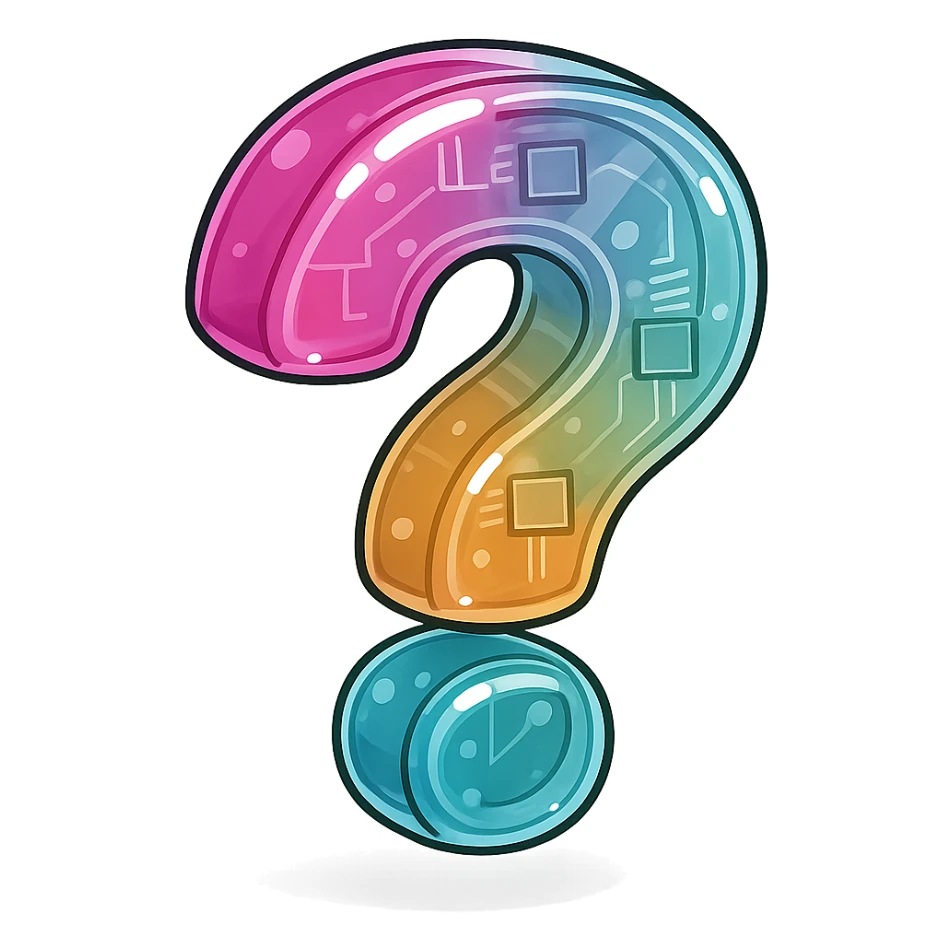 colorful glossy question mark with sharp color transitions and no gradients, bold shadows and highlights for shiny effect, plump voluminous hand-drawn style, clear outlines, three-dimensional look, distinct color blocks for glossy and shadowed areas sticker