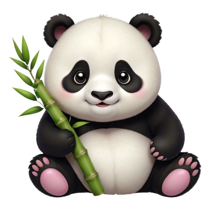 Cinematic smiling chubby panda, fluffy black and white fur, round rosy cheeks, tiny paws holding a bamboo shoot, sparkling eyes full of joy, soft glowing background, irresistibly huggable. sticker