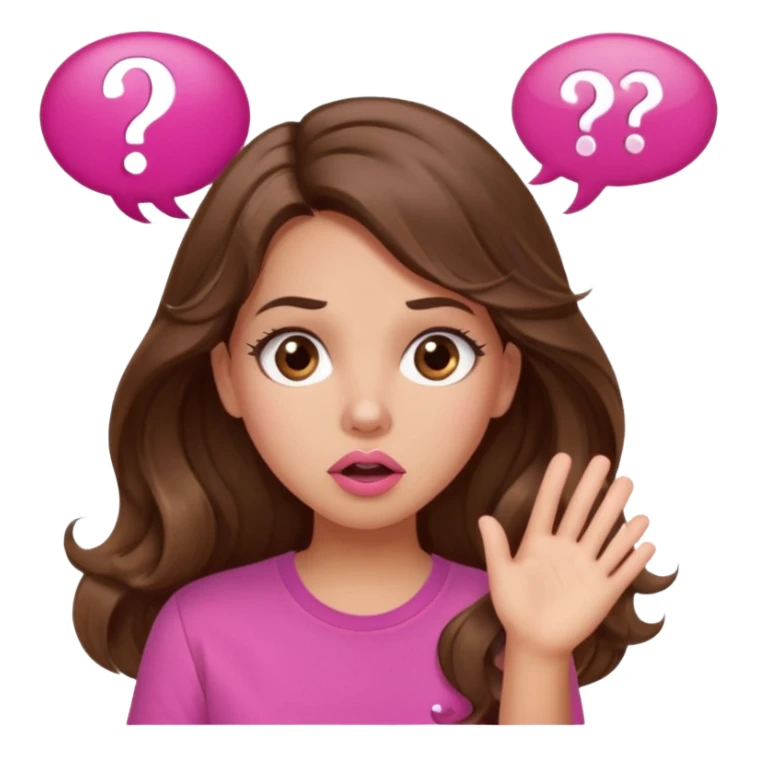 girl with long wavy brown hair, brown eyes, light to medium complexion, in a pink shirt, pink lips, long lashes, surprised, question mark speech bubble sticker