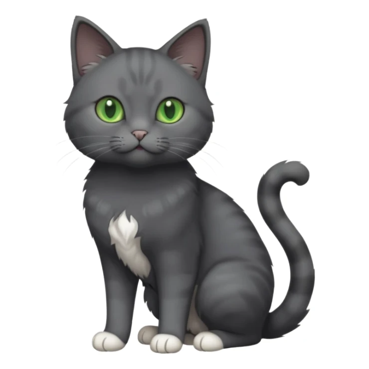 full body view of beautiful female solid dark grey cat with green eyes, white toes/paws and white patch on her chest sticker