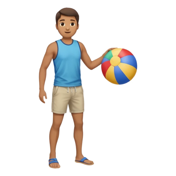 A man in Bermuda shorts as a full-body swimsuit and a beach ball sticker