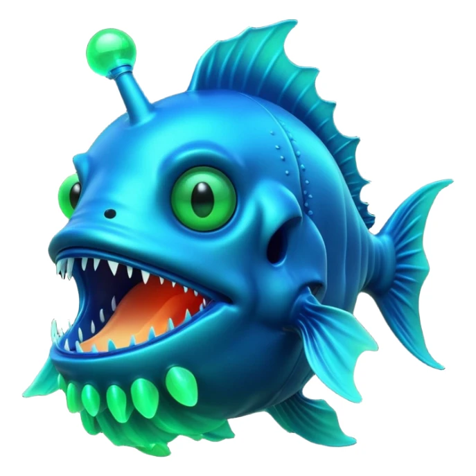 3D render of Anglerfish, bioluminescent deep sea style, glowing neon blue and green lights, dark background to contrast the glow, translucent organic textures, Apple emoji style. sticker