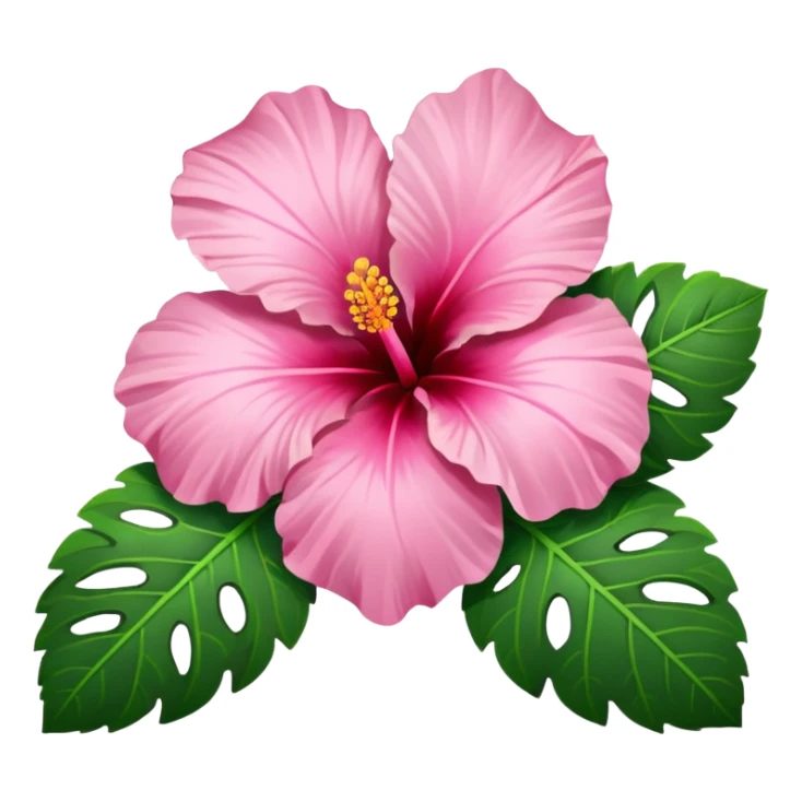 Pink Hibiscus shaped like a heart with green leaves sticker