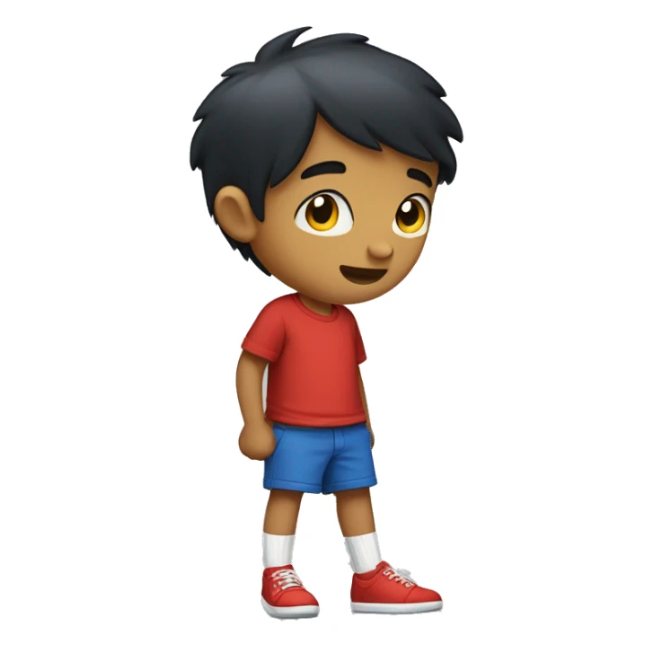  boy with short black hair and small, mischievous eyes, typically wearing a red t-shirt, yellow shorts, white socks, and blue shoes. sticker