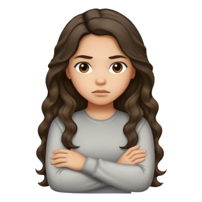 Hispanic light tan girl with long dark wavy hair with arms folded and pouting. Wearing a long sleeve. Hair with middle part. sticker
