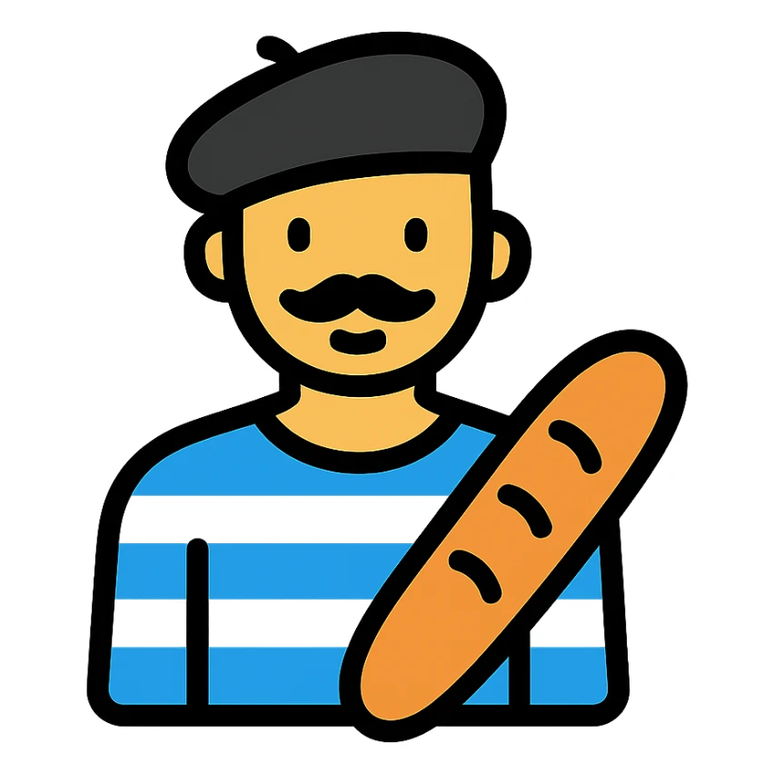 French man with blue and white striped shirt, black beret, holding a baguette sticker