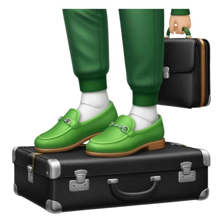 Feet with white socks wearing green house slippers standing on a briefcase sticker