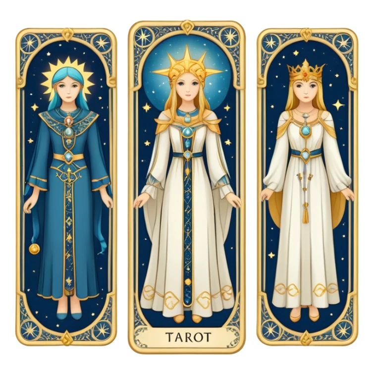 Tarot style wardrobe card showing elegant clothing items with celestial symbols, mystical style definition sticker