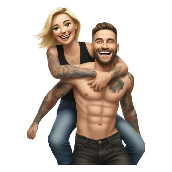 Hyper Realistic beautiful woman getting a piggy back off a handsome tattooed man laughing  sticker