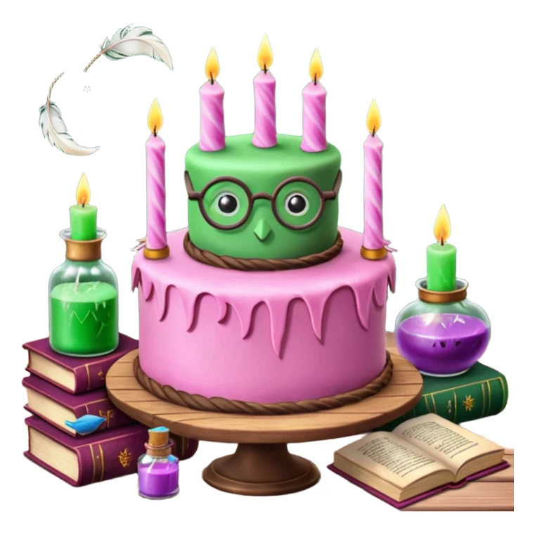 Harry Potter themed pink birthday cake with green 'Happy Birthday Harry' icing, surrounded by wizard books, candles, potion bottles, feathers, and glasses on wooden table, magical atmosphere." sticker