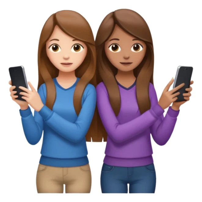 two brown haired girls, looking professional maybe leaned on each others back and looking forward and using phones, with long hair and with some cute clothes without ties, one girl can hold lap top another one can hold the phone sticker