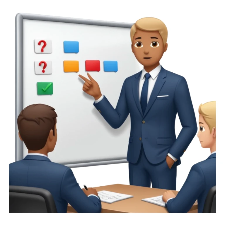 Create a realistic emoji of a person making some decisions in front of a grounp while standing in a office. the team is sitting while the leader stands next to a white board sticker