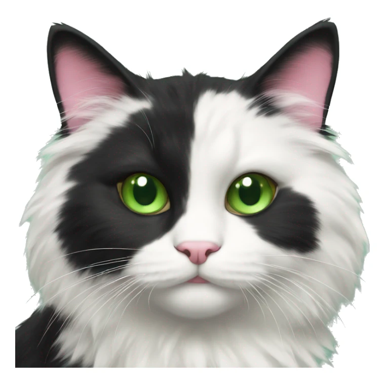 fluffy tuxedo cat with green eyes and pink nose sticker