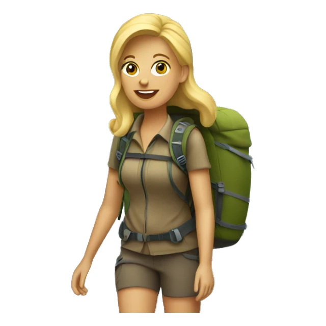 A blonde woman traveler with a backpack is hiking in the mountains. sticker
