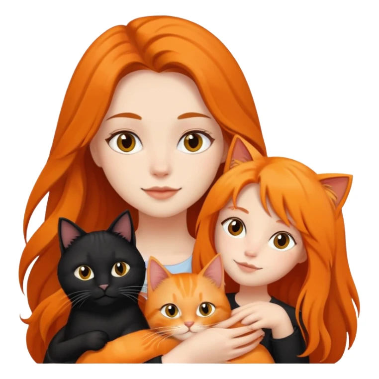 A black long haired girl holding a black cat and an orange long haired cat sticker