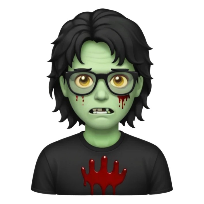 Crie um zumbi com sangue estilo emoji do iPhone com cabelo ondulado grande preto com camiseta preta e óculos de grau preto sticker