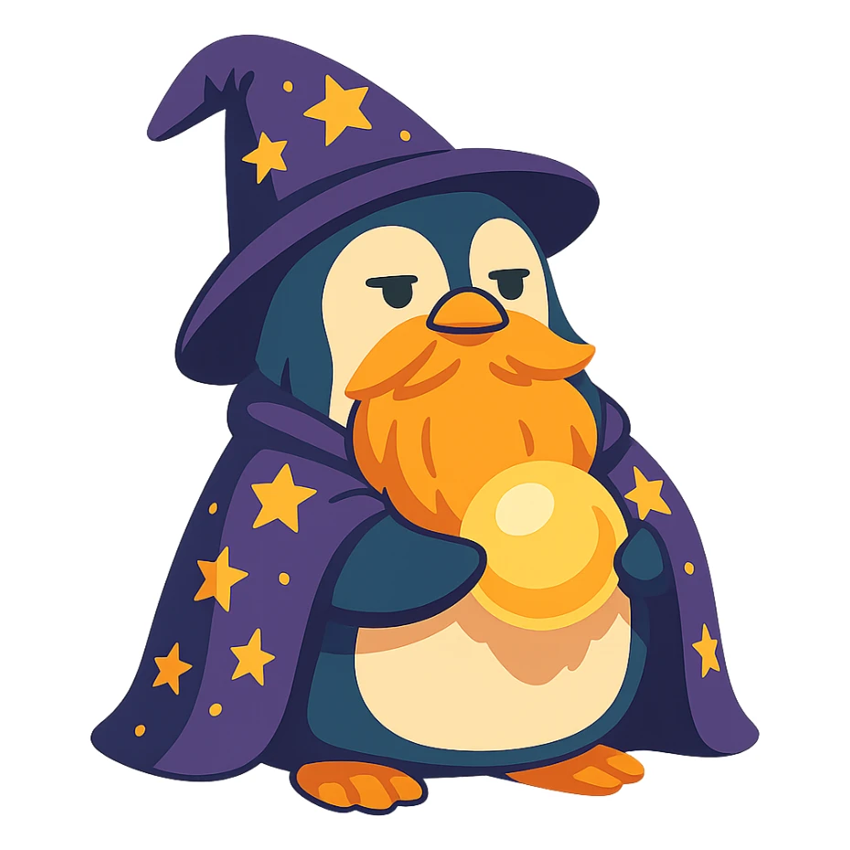chubby penguin wizard with a long beard, starry cloak, glowing orb, looking wise and mystical, vibrant toon style, cartoonish, colorful, playful sticker