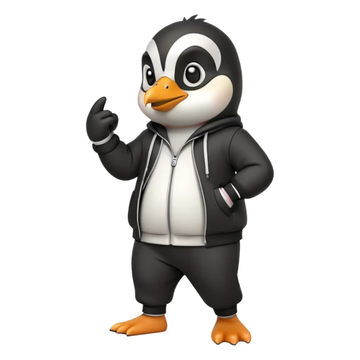 friendly anthropomorphised penguin wearing a mafia-style tracksuit, secretive scheming pose, soprano vibe, angry expression, walking quickly with a brisk purposeful stride, holding a knuckle duster sticker