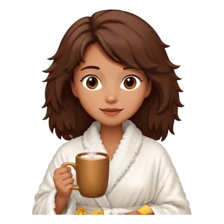 {
      "type": "human",
      "look": "fluffy robe woman, messy hair, holding cup of cocoa",
      "description": "a woman in a fluffy robe with messy hair, holding a cup of cocoa"
    } sticker